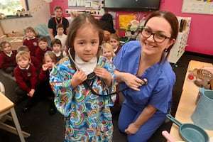 Becky Mammone visited Bowbrook Primary School teaching children about the body and her role as an Operating Department Practitioner, with pupil: Amina 5.