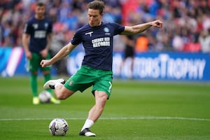 Wycombe Wanderers' David Wheeler during his side's warm up before the Bristol Street Motors Trophy final at Wembley in April 2024. 