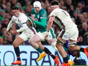 Ireland wing Mack Hansen, centre, during Saturday's win over England