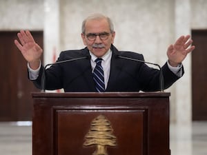 Lebanese Prime Minister-designate Nawaf Salam speaks to the media after meeting President Joseph Aoun