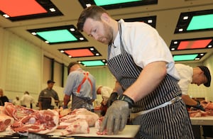 Last year’s Welsh Craft Butcher of the Year champion Philip Tucker from Mumbles at work in the final.