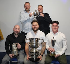 Shropshire stars, back (from left): County Doubles winners Stuart Rutter & Peter Grimston; front, Chris Worthington (Sir John Bayley), Josh Bradburn, Callan Rhodes (Hadley USC)