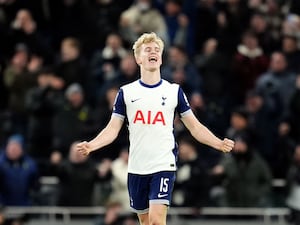 Tottenham's Lucas Bergvall celebrates after his goal secures a 1-0 win over Liverpool (Adam Davy/PA)