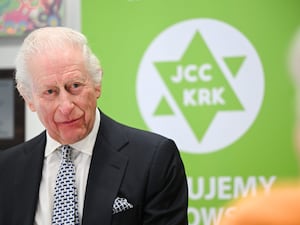 The King during his visit to the Jewish Community Centre in Krakow (Victoria Jones/PA)