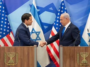 Marco Rubio shakes hands with Benjamin Netanyahu