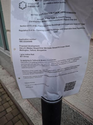 A planning notice for the scheme in Wellington Town Centre. Picture: LDRS