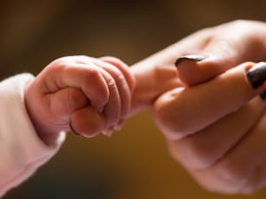 A baby's hand holding an adult's finger