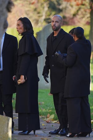 Marvin Humes and Rochelle Humes arrive for the funeral service at St Mary's Church in Amersham, Buckinghamshire. 