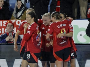 Manchester United’s Celin Bizet Ildhusoy celebrates scoring their side’s second goal of the game during the Barclays Women’s Super League match at King Power Stadium, Leicester.