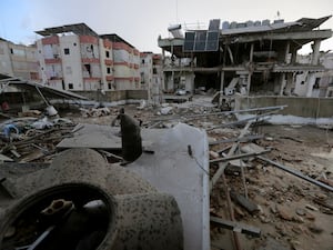 A destroyed building hit in an Israeli airstrike, in the southern port city of Sidon, Lebanon (Mohammed Zaatari/AP)