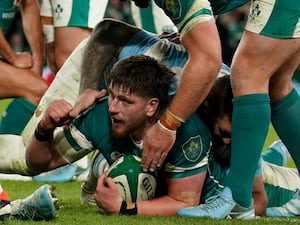 Joe McCarthy celebrates scoring Ireland's third try against Argentina