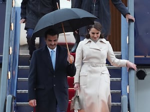 The Emir of Qatar Sheikh Tamim bin Hamad Al Thani and Sheikha Jawaher arrive at Stansted Airport in Essex for a state visit