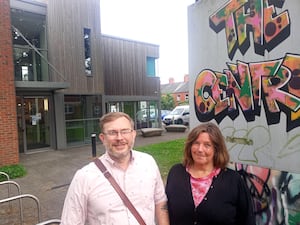 Councillor Mike Isherwood and Olly Rose outside the Centre in Oak St, Oswestry