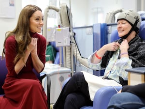 The Princess of Wales talks with cancer patient Katherine Field during a visit to the Royal Marsden Hospital in London