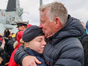 HMS Duncan’s ship's company being reunited with family after returning to Portsmouth