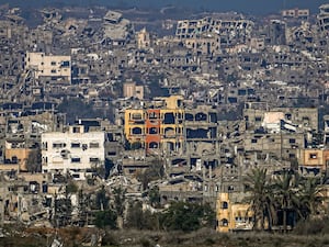 A destroyed part of Gaza City as seen from southern Israel