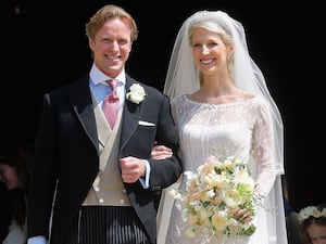 Thomas Kingston and Lady Gabriella Windsor smile after their wedding at St George’s Chapel in Windsor in 2019