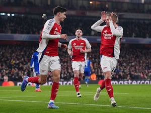 Kai Havertz laughs as Oleksandr Zinchenko puts his hands on his head