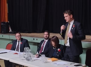 Brecon, Radnor and Cwm Tawe MP David Chadwick addressing the Knighton meeting