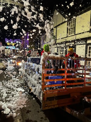 Builth Wells Mayor Councillor Gwyn Davies promised snow for the Christmas event and here he is delivering snow!