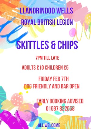 A Llandrindod Wells venue will be holding a skittles and chips evening this February