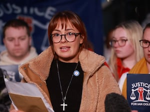 Toni Johnston, daughter of Ian Ogle, speaking outside Laganside Courts in Belfast after three men were found guilty of her father’s murder