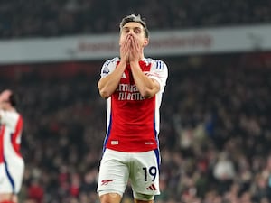 Arsenal’s Leandro Trossard reacts during the Premier League match