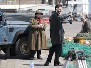 Brenda Blethyn, who plays DCI Vera Stanhope, and David Leon, who plays DS Joe Ashworth, on set during the filming of the ITV crime drama Vera (Owen Humphreys/PA)