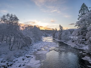 Snowy scene of a river and surrounding trees