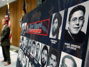 A picture of Daniel Andreas San Diego on a poster of the FBI’s most wanted terrorists during a news conference in 2009