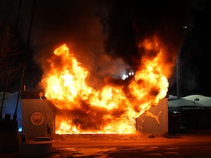 A fire at a merchandise kiosk prior to Manchester City's Champions League game against Club Brugge at the Etihad Stadium