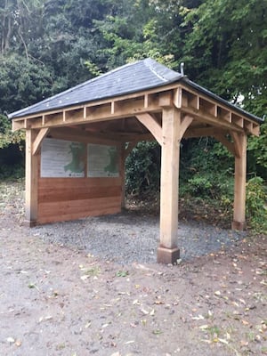 The wooden shelter with interpretation panels which has been built close to Offa’s Dyke in Knighton.