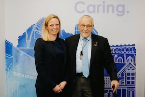 Holocaust survivor Manfred Goldberg with Burton Borough School's Headteacher, Caroline Bedford. Picture: Jamie Ricketts