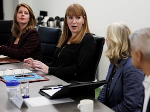 Deputy Prime Minister Angela Rayner, second left, attends a round table discussion with regional mayors