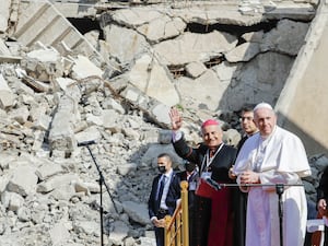 Pope Francis at a wrecked church in Mosul