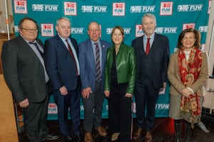 FUW Deputy President, Dai Miles; FUW Group Chief Executive, Guto Bebb; FUW President, Ian Rickman; Jane Dodds MS; Cabinet Secretary for Climate Change & Rural Affairs, Huw Irranca-Davies MS; First Minister, Eluned Morgan MS, at the FUW Farmhouse Breakfast at the Norwegian Church, Cardiff Bay.