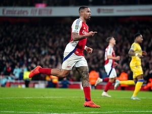 Gabriel Jesus celebrates scoring his hat-trick