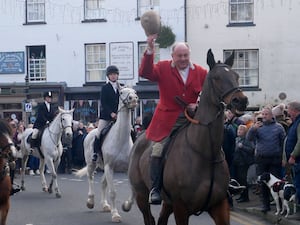 Robert Jones, senior joint master of the Radnor and West Herefordshire Hunt as he rode off to follow the false trail.