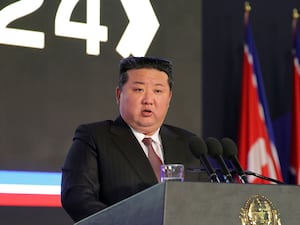 North Korean leader Kim Jong Un speaking during a defence exhibition in Pyongyang