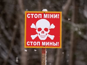 A landmine warning sign featuring a skull and crossbones