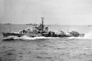 Mr Ditcham's favourite photo of HMS Scorpion, making 28 knots and photographed from HMS Trumpeter. The shiny 'paint' forward is thin ice. He is on the picture (on the superstructure forward of the mast), having been told to stand still as he was having his picture taken. 