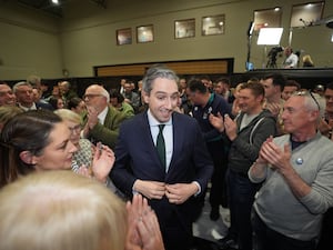 Simon Harris celebrates after being re-elected