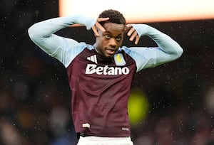 Aston Villa's Jhon Duran celebrates after scoring the opening goal.
