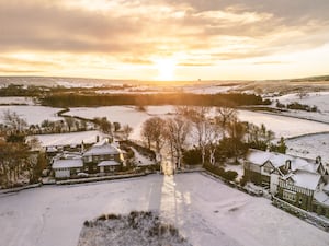 Aerial view of snow in Goathland