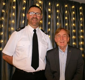 Sergeant Gary Lansdale is welcomed by Shrewsbury Severn Rotary Club president David Morris.