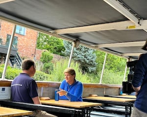 Dilwyn chatting with Clare Balding on the Sabrina Boat.