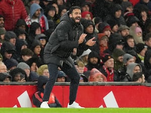 Manchester United manager Ruben Amorim gestures on the touchline