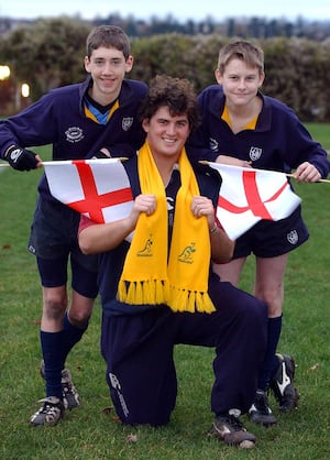 Adam Bennie from Australia with Harry Simpkiss and Dominic Bright, pupils at Oldswinford Hospital School, Stourbridge