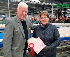 Show judge Alan Tomlinson with Yvonne Andrew from Meifod who won the prize for best chicken.