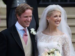 Lady Gabriella and Thomas Kingston smile on their wedding day